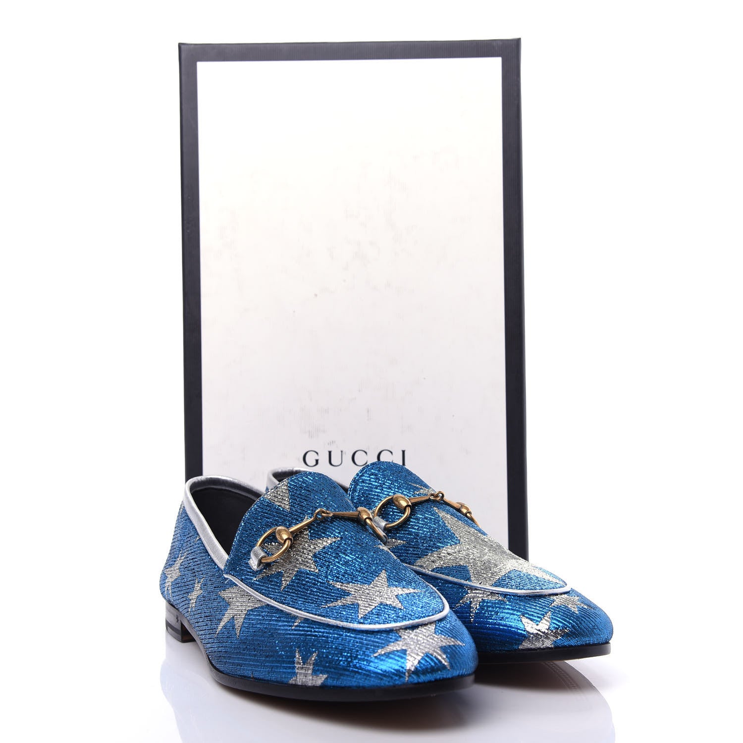 Gucci Lurex Calfskin Starry Sky Womens Jordaan Loafers 39.5 Bluette Silver 11 of 11