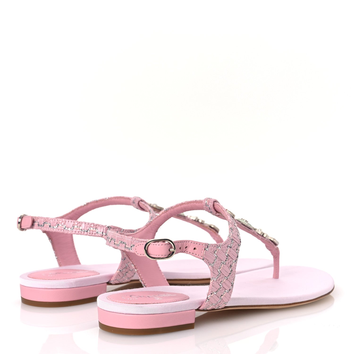 Chanel Tweed CC Charm Thong Sandals 39 Pink Silver 5 of 11
