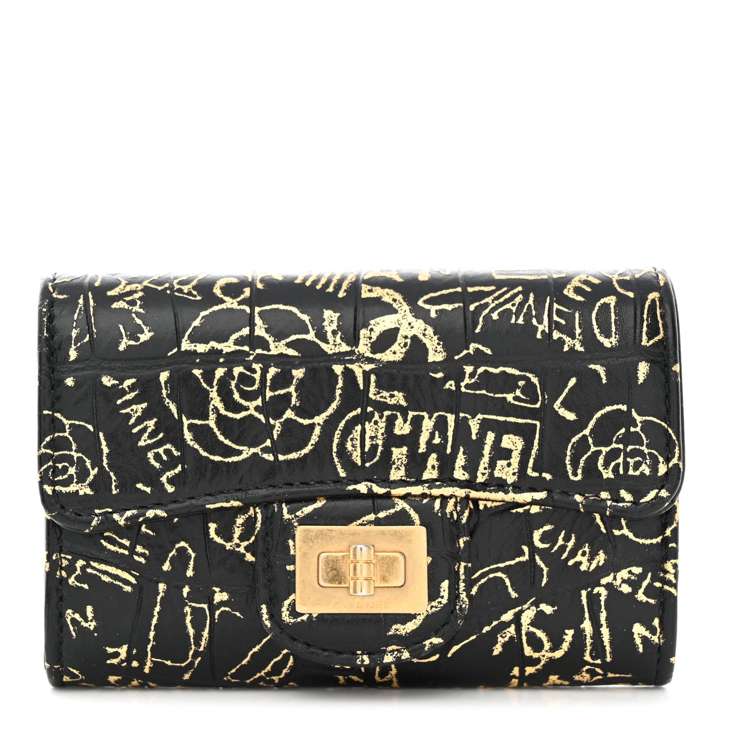 Calfskin Crocodile Embossed Graffiti 2.55 Crocodile Reissue Flap Card Holder Black Gold