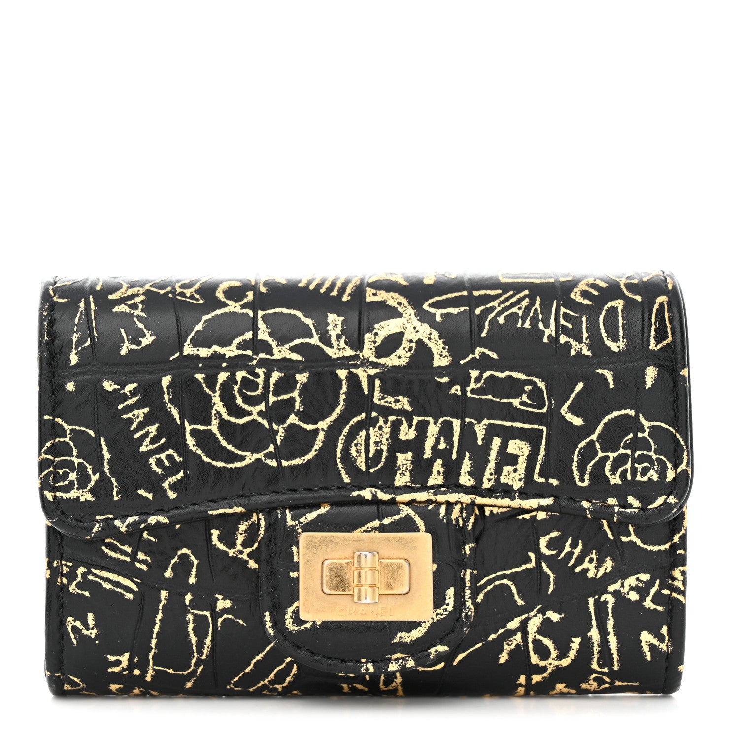 Chanel Calfskin Crocodile Embossed Graffiti 2.55 Crocodile Reissue Flap Card Holder Black Gold 1 of 9