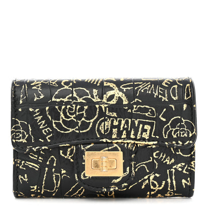 Chanel Calfskin Crocodile Embossed Graffiti 2.55 Crocodile Reissue Flap Card Holder Black Gold 1 of 9