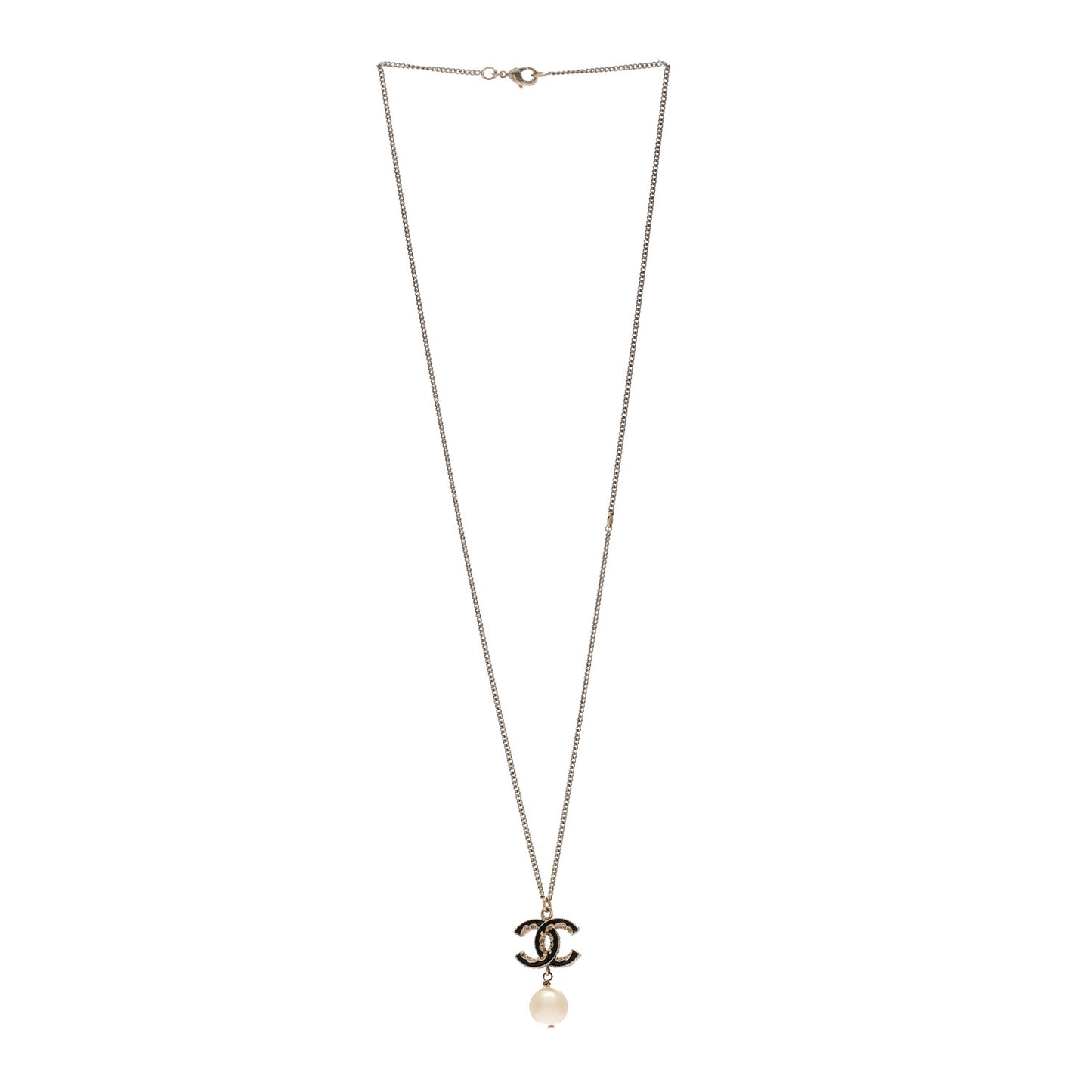 Enamel Pearl CC Baroque Drop Necklace Black Gold