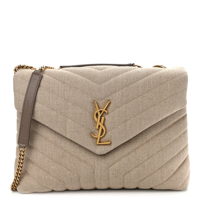 Saint Laurent Linen Y Quilted Monogram Medium Loulou Chain Satchel Natural 1 of 10
