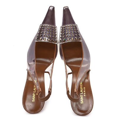 Saint Laurent Calfskin PVC Jive 105 Rhinestone Pump 38.5 Macadamia 2 of 9