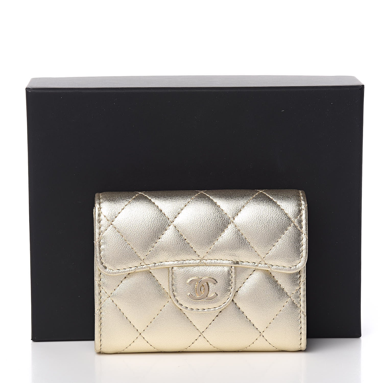 Chanel Metallic Lambskin Quilted Flap Card Holder Wallet Light Gold 9 of 9