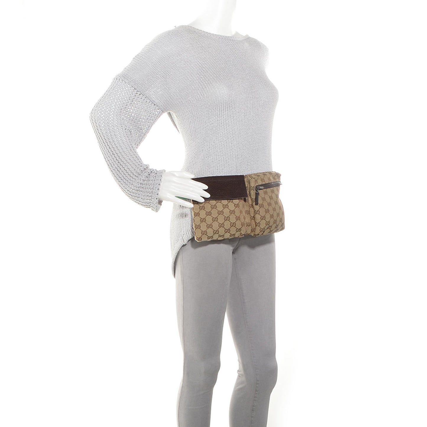 GG Monogram Web Double Pocket Belt Bag Brown