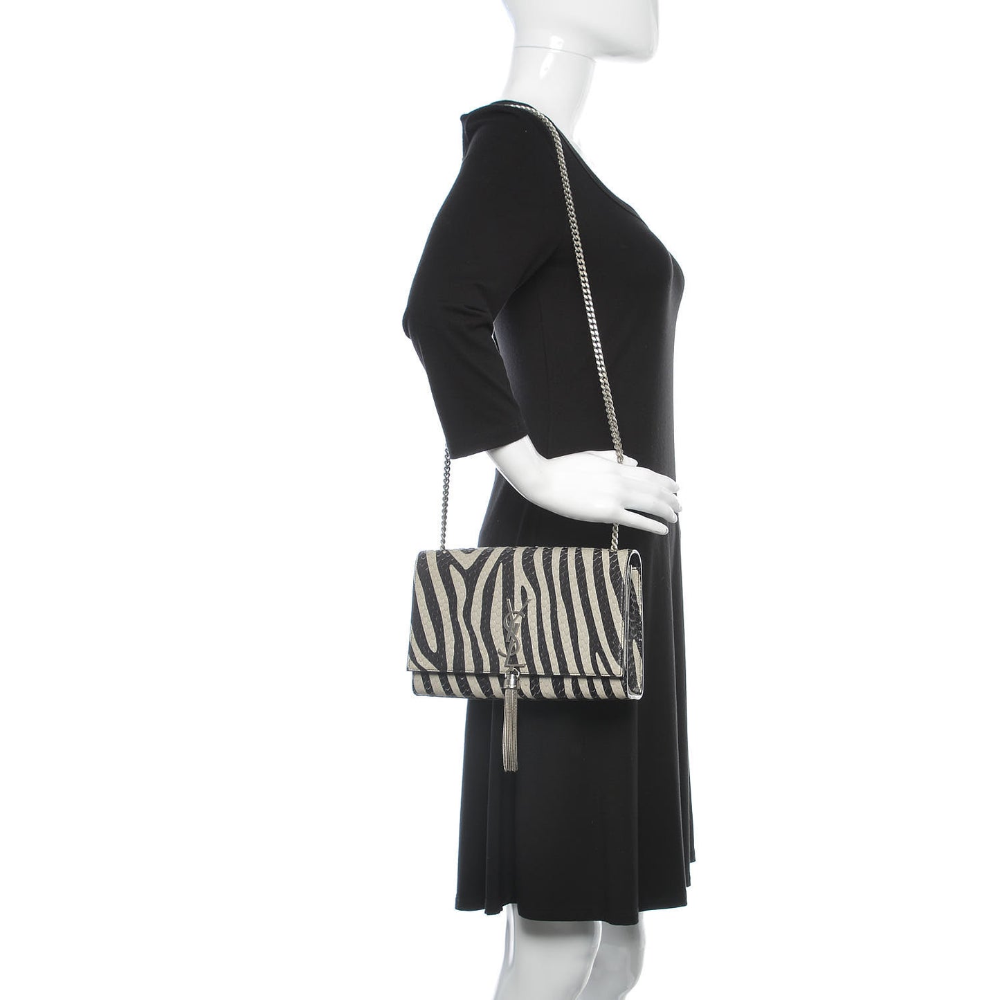 Python Calfskin Embossed Zebra Print Medium Kate Tassel Satchel Black