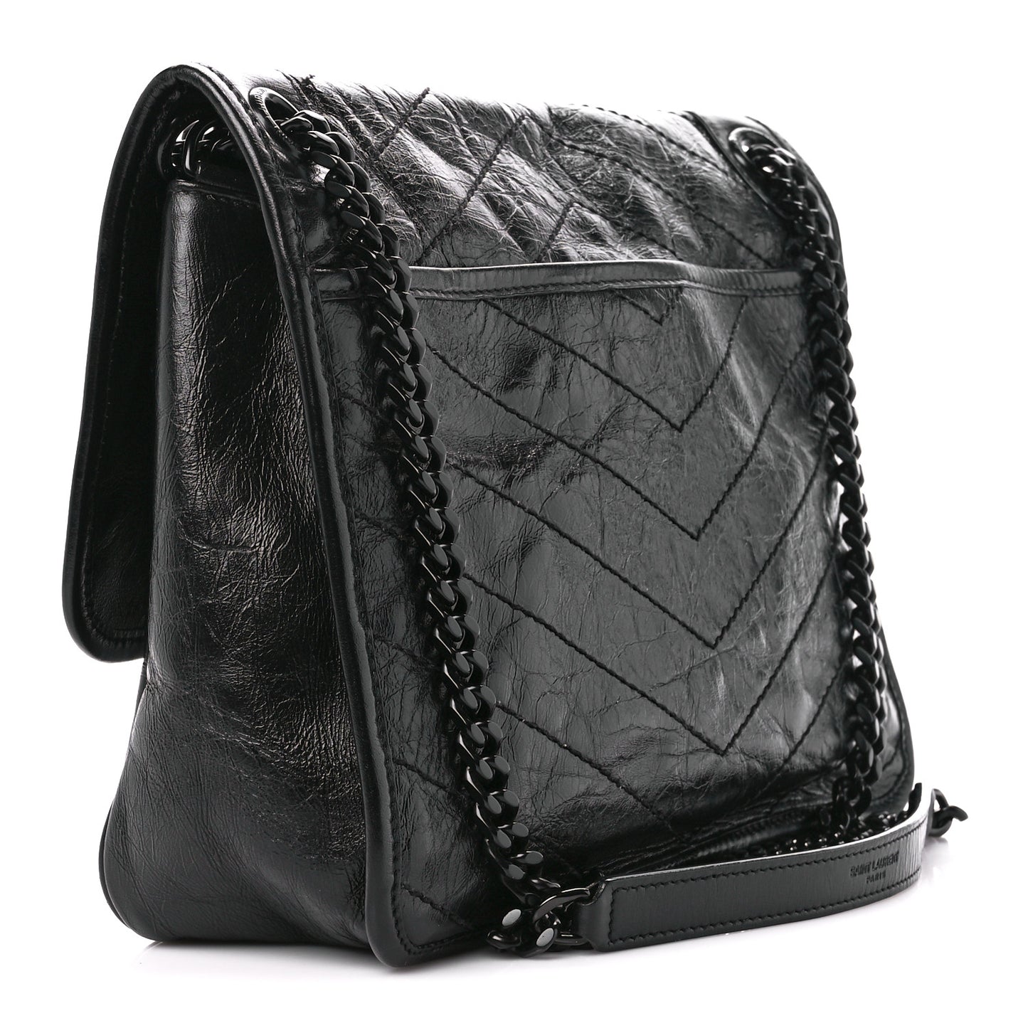 Crinkled Calfskin Matelasse Monogram Medium Niki Chain Satchel Black