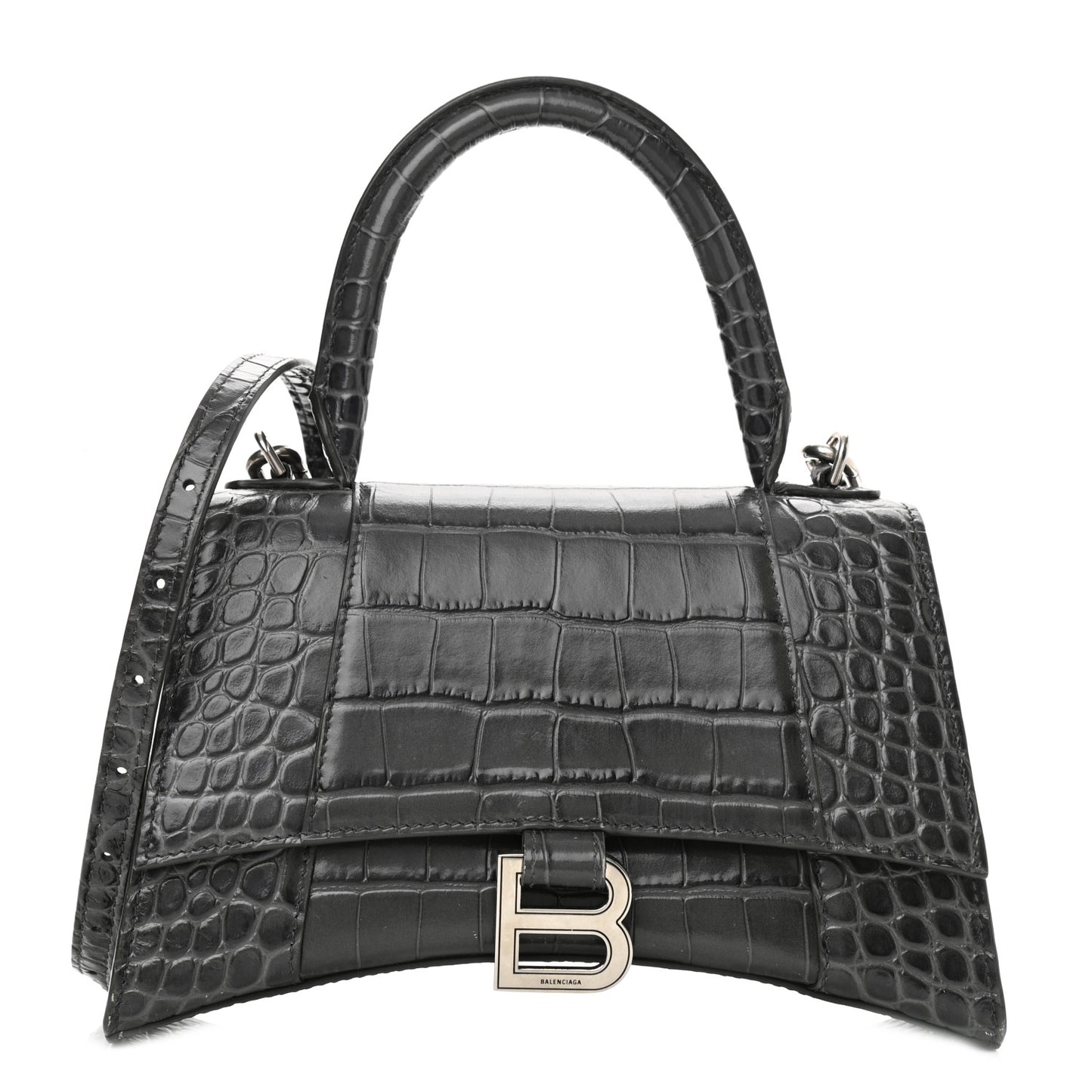 Shiny Calfskin Crocodile Embossed Small Hourglass Top Handle Bag Dark Grey
