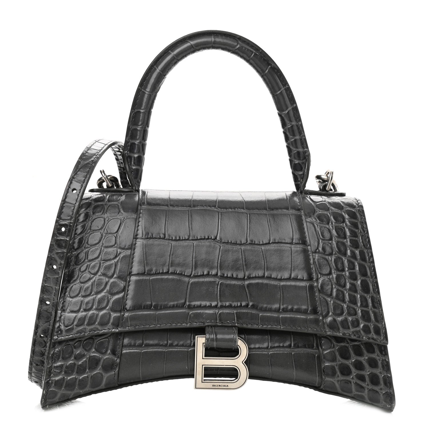 Balenciaga Shiny Calfskin Crocodile Embossed Small Hourglass Top Handle Bag Dark Grey 1 of 10