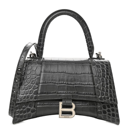 Balenciaga Shiny Calfskin Crocodile Embossed Small Hourglass Top Handle Bag Dark Grey 1 of 10