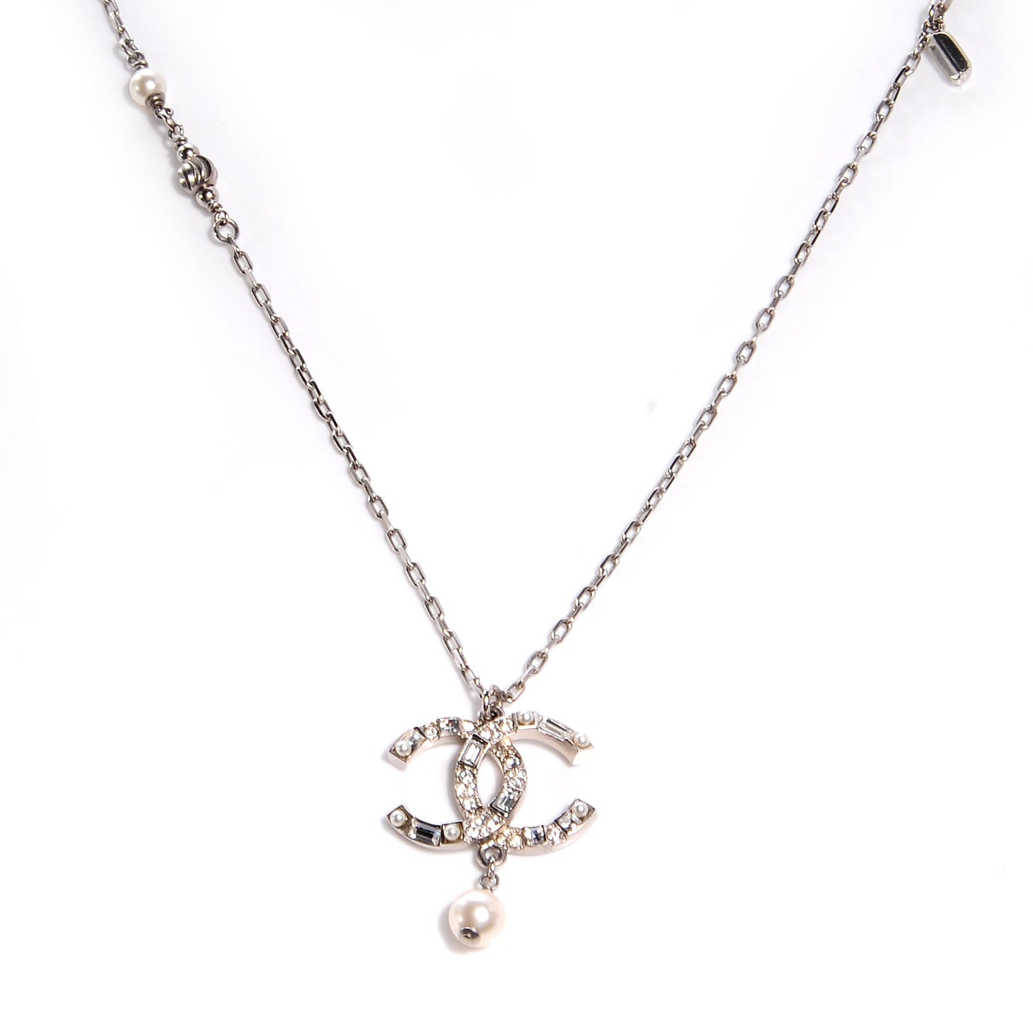 Chanel Pearl Crystal Baguette CC Chain Long Necklace Silver 1 of 5