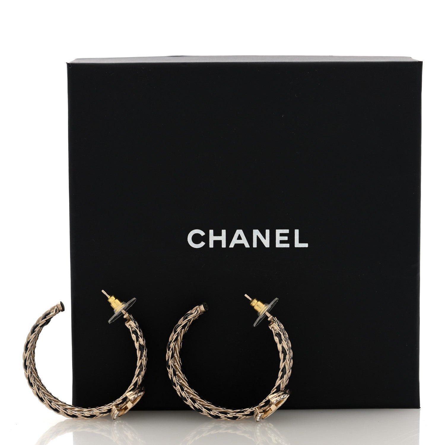 Chanel Crystal Lambskin CC Chain Hoop Earrings Gold Black 5 of 5