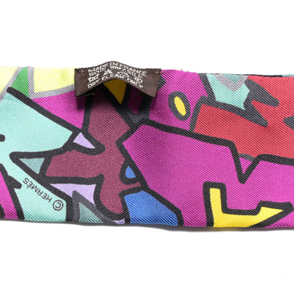Hermes Silk Graff Graffiti Twilly Fuchsia Kaki Jaune 3 of 5