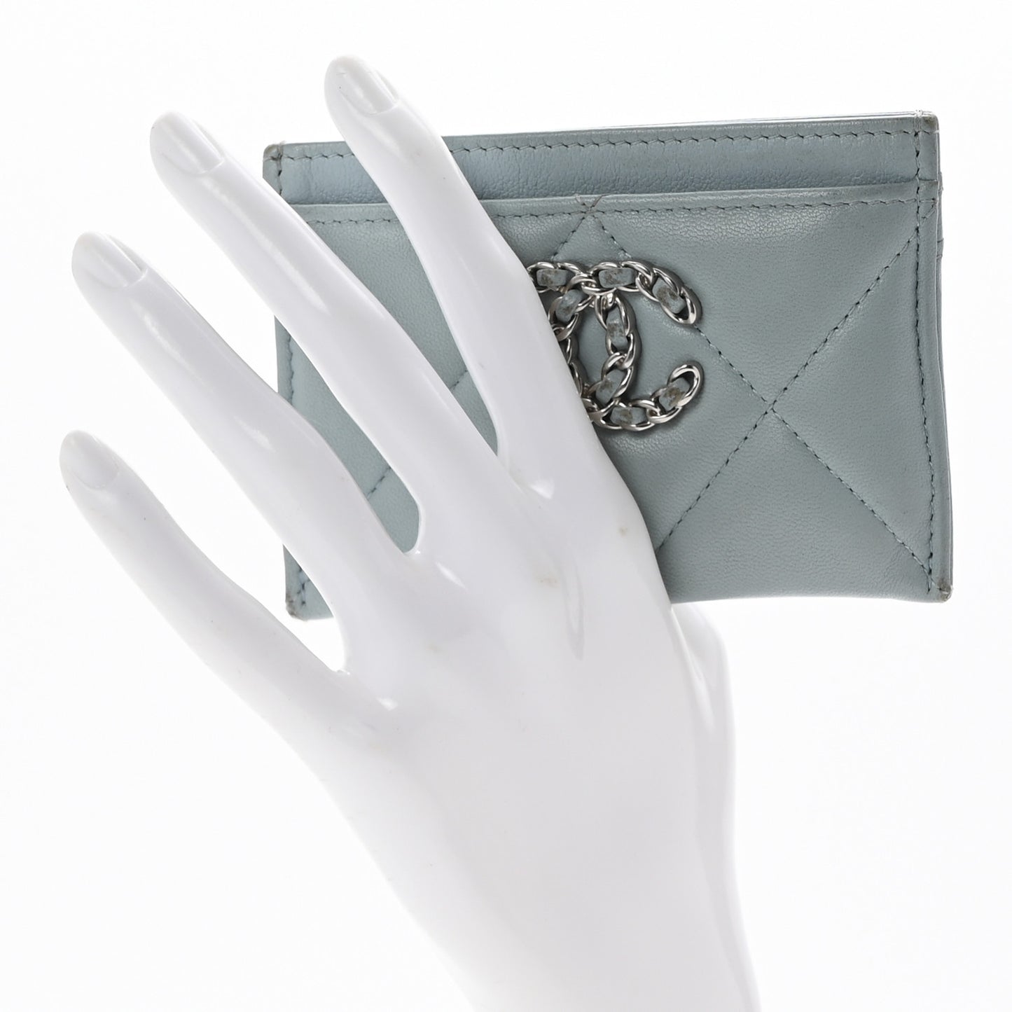 Lambskin Quilted Chanel 19 Card Holder Light Blue