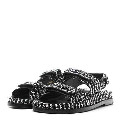 Chanel Tweed Lambskin Dad Sandals 38 Black White 3 of 9
