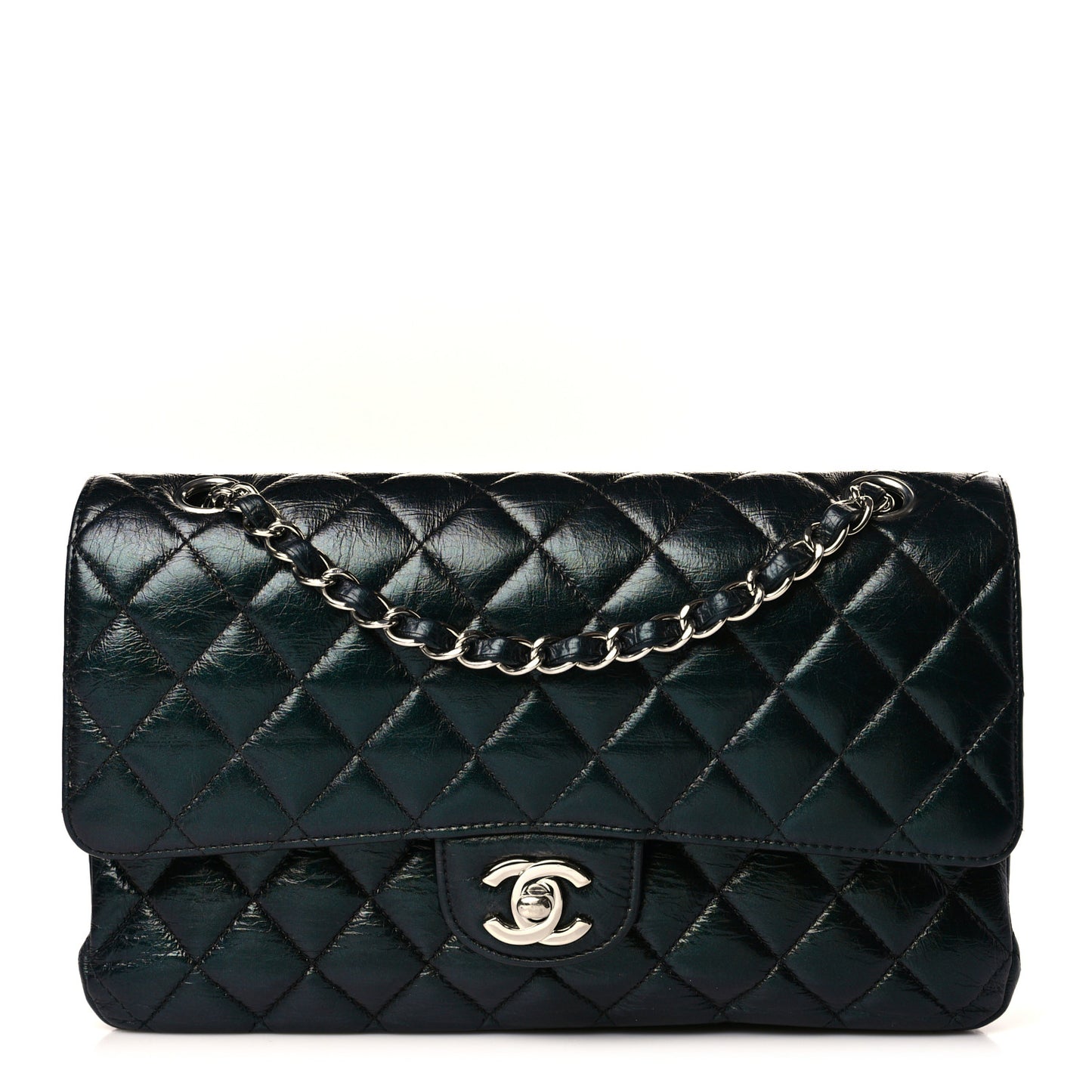 Iridescent Crumpled Calfskin Quilted Medium Double Flap Dark Green