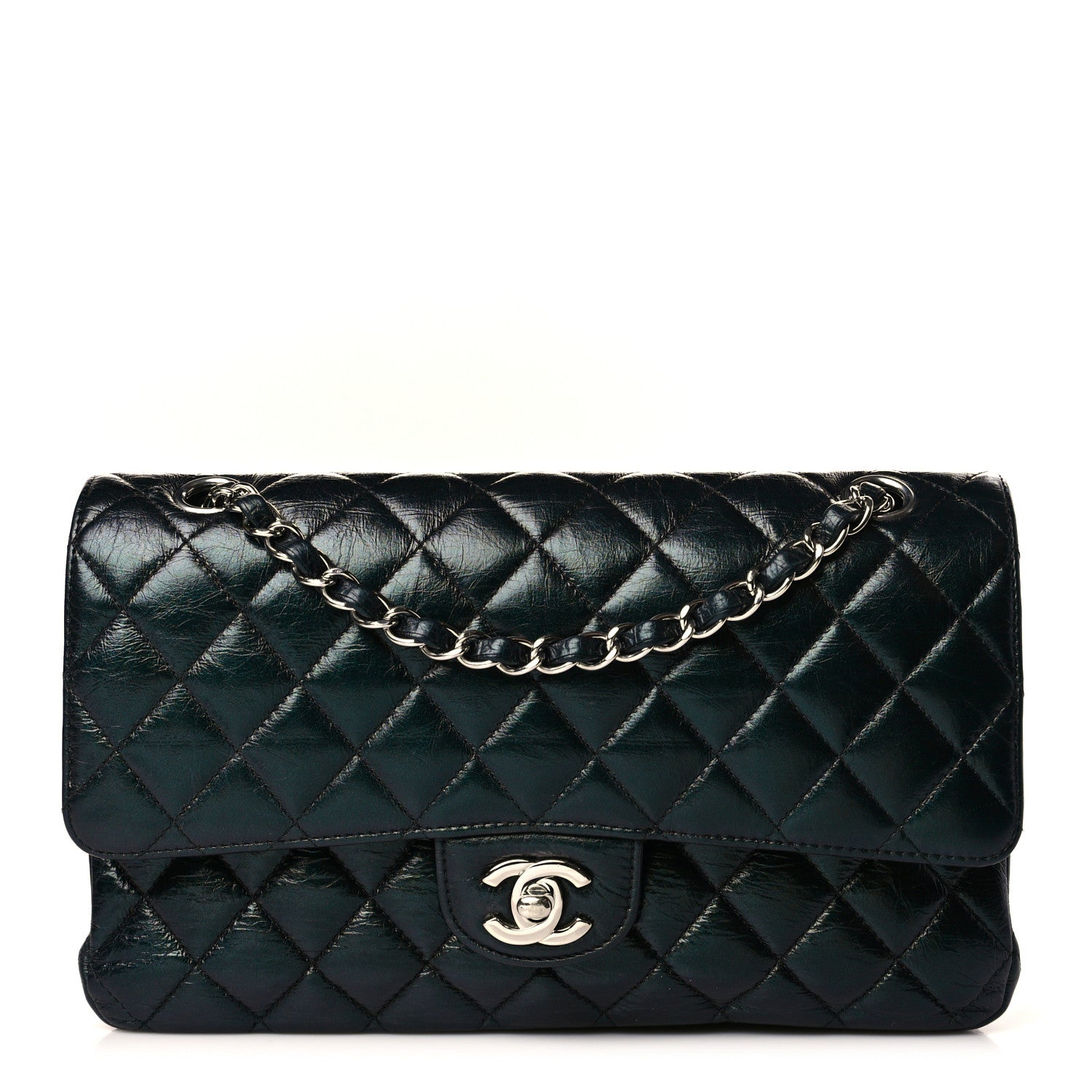 Chanel Iridescent Crumpled Calfskin Quilted Medium Double Flap Dark Green 1 of 9