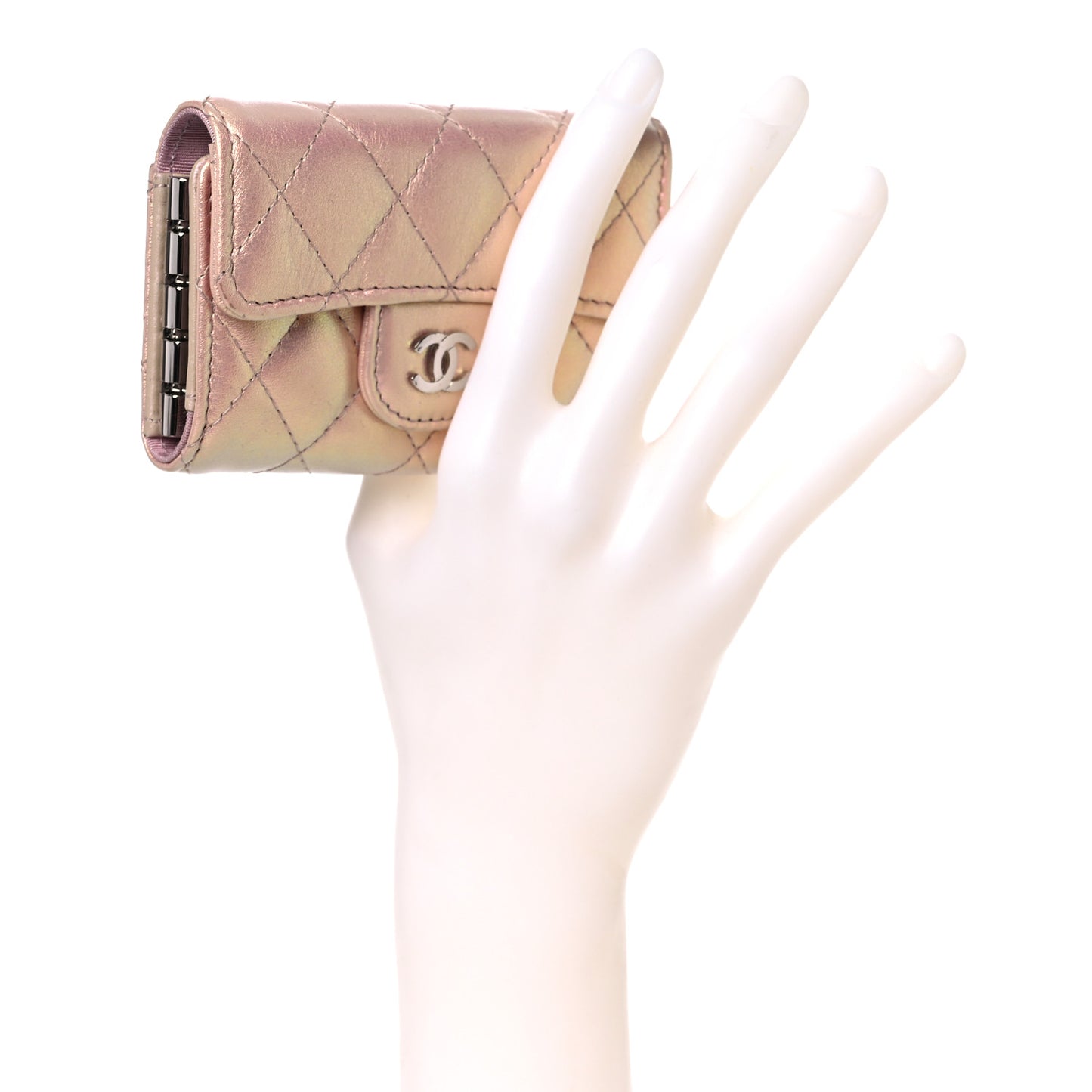 Iridescent Calfskin Quilted Classic 4 Key Holder Wallet Pink