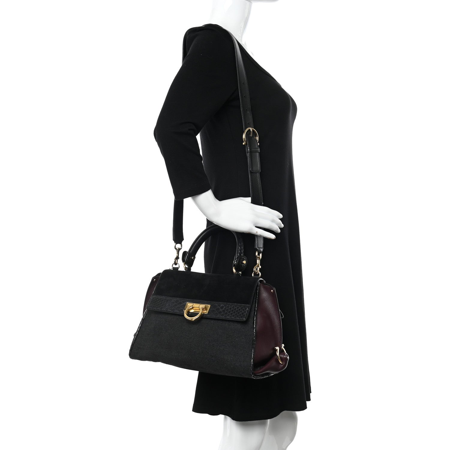 Salvatore Ferragamo Calfskin Suede Snakeskin Small Sofia Satchel Black Burgundy 2 of 22
