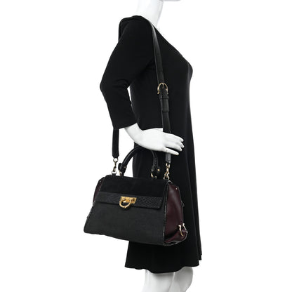 Salvatore Ferragamo Calfskin Suede Snakeskin Small Sofia Satchel Black Burgundy 2 of 22