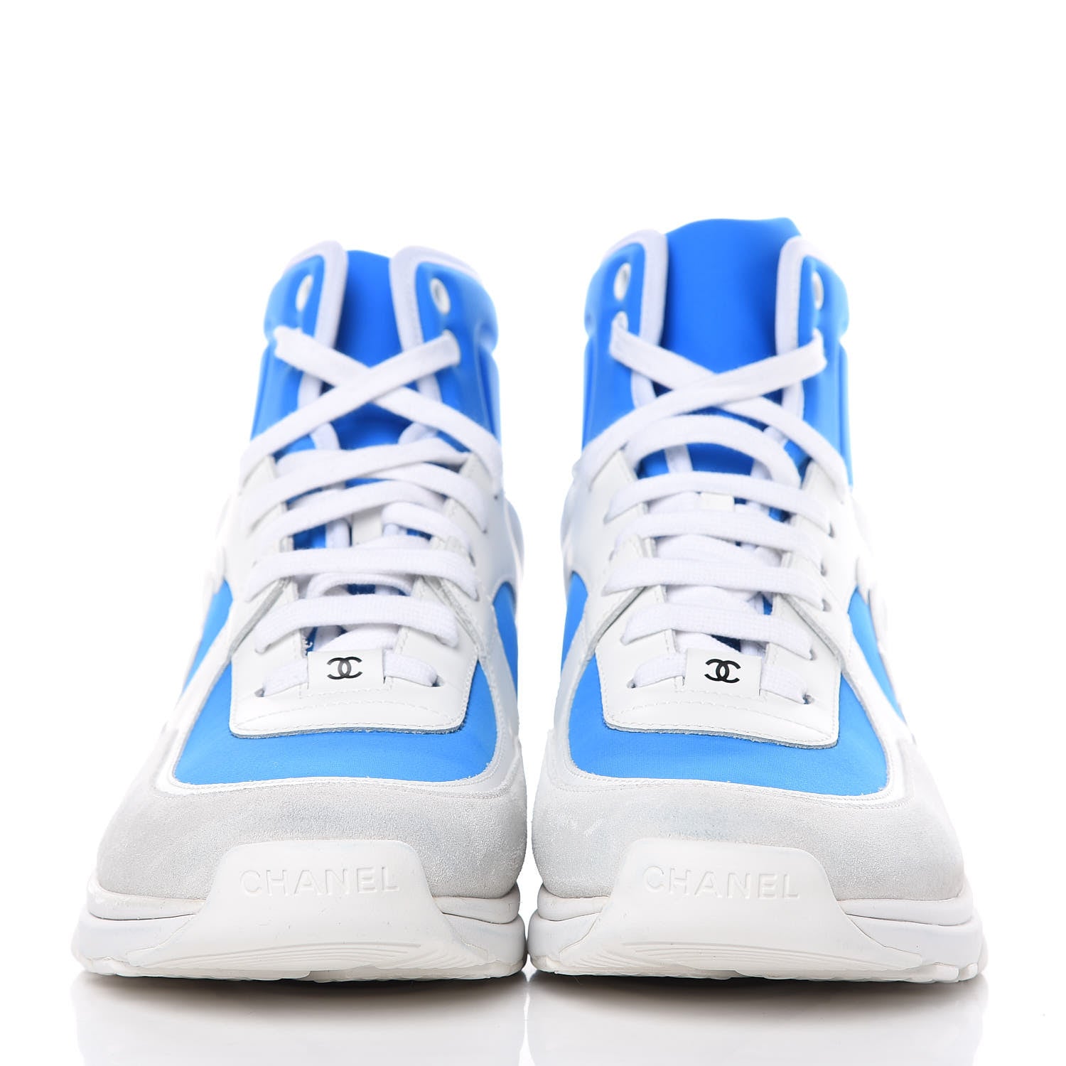 Chanel Suede Calfskin Lambskin High Top CC Sneakers 39 White Blue 3 of 10
