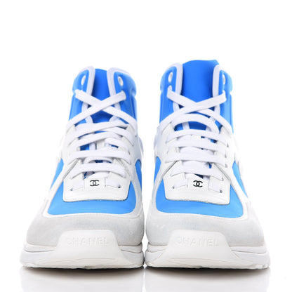Chanel Suede Calfskin Lambskin High Top CC Sneakers 39 White Blue 3 of 10