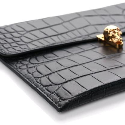 Alexander McQueen Calfskin Crocodile Embossed Skull Envelope Clutch Black 7 of 8