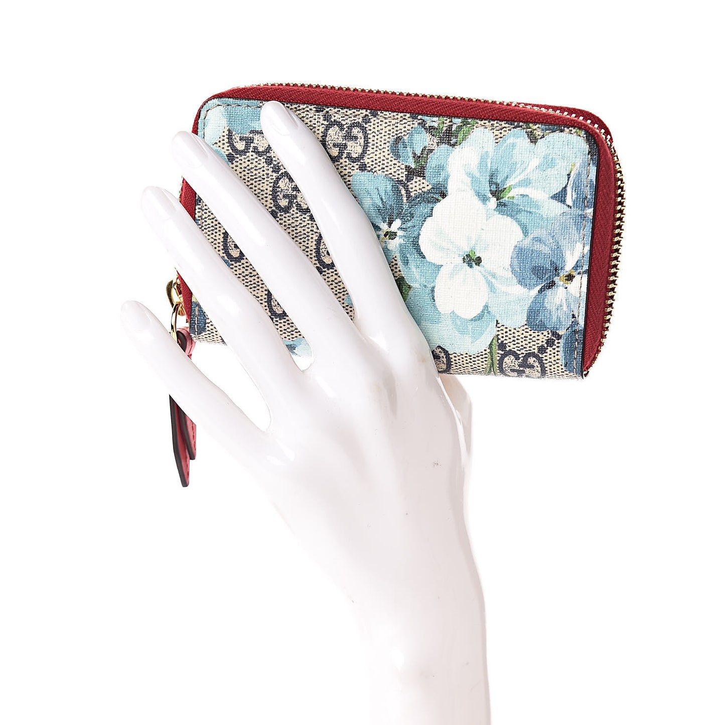 GG Supreme Monogram Blooms Zip Around Card Case Wallet Beige Blue Navy Hibiscus Red