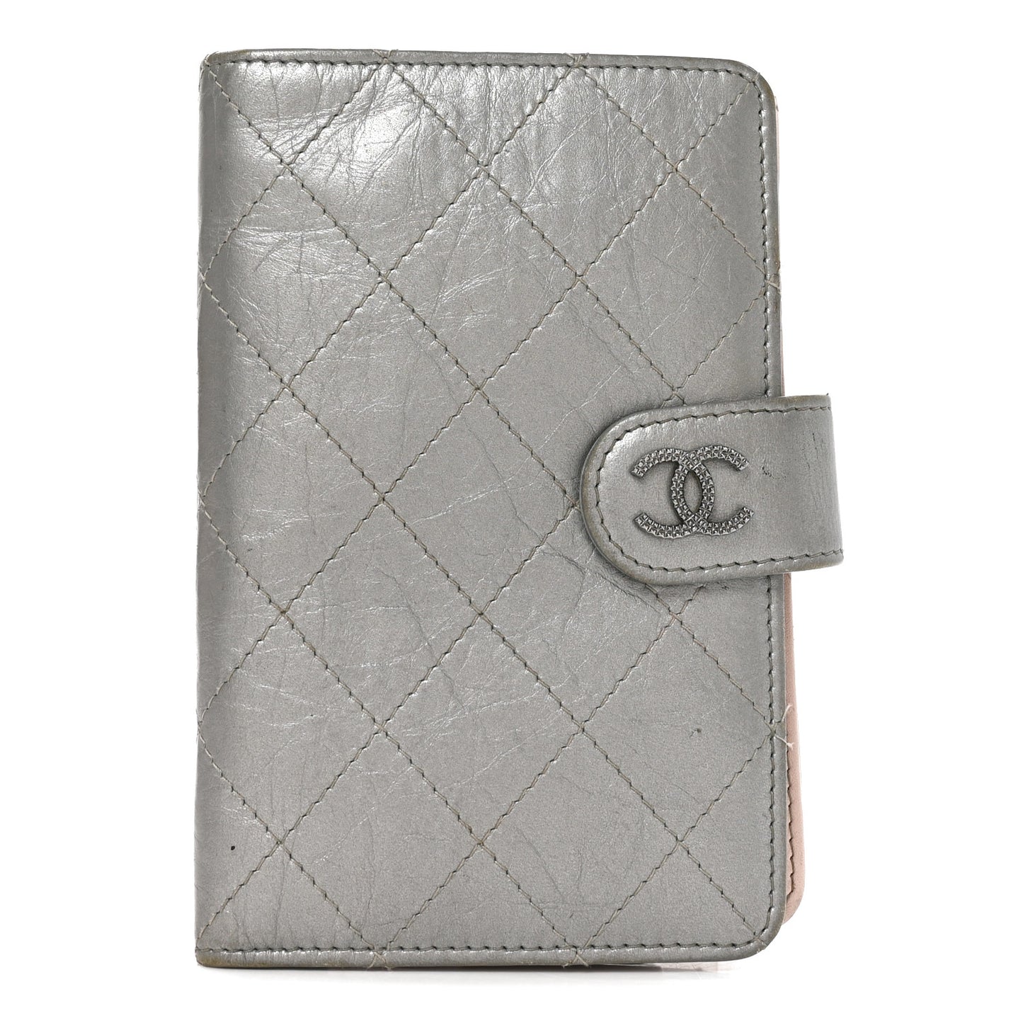 Metallic Aged Calfskin Quilted Palette Flap Wallet Silver