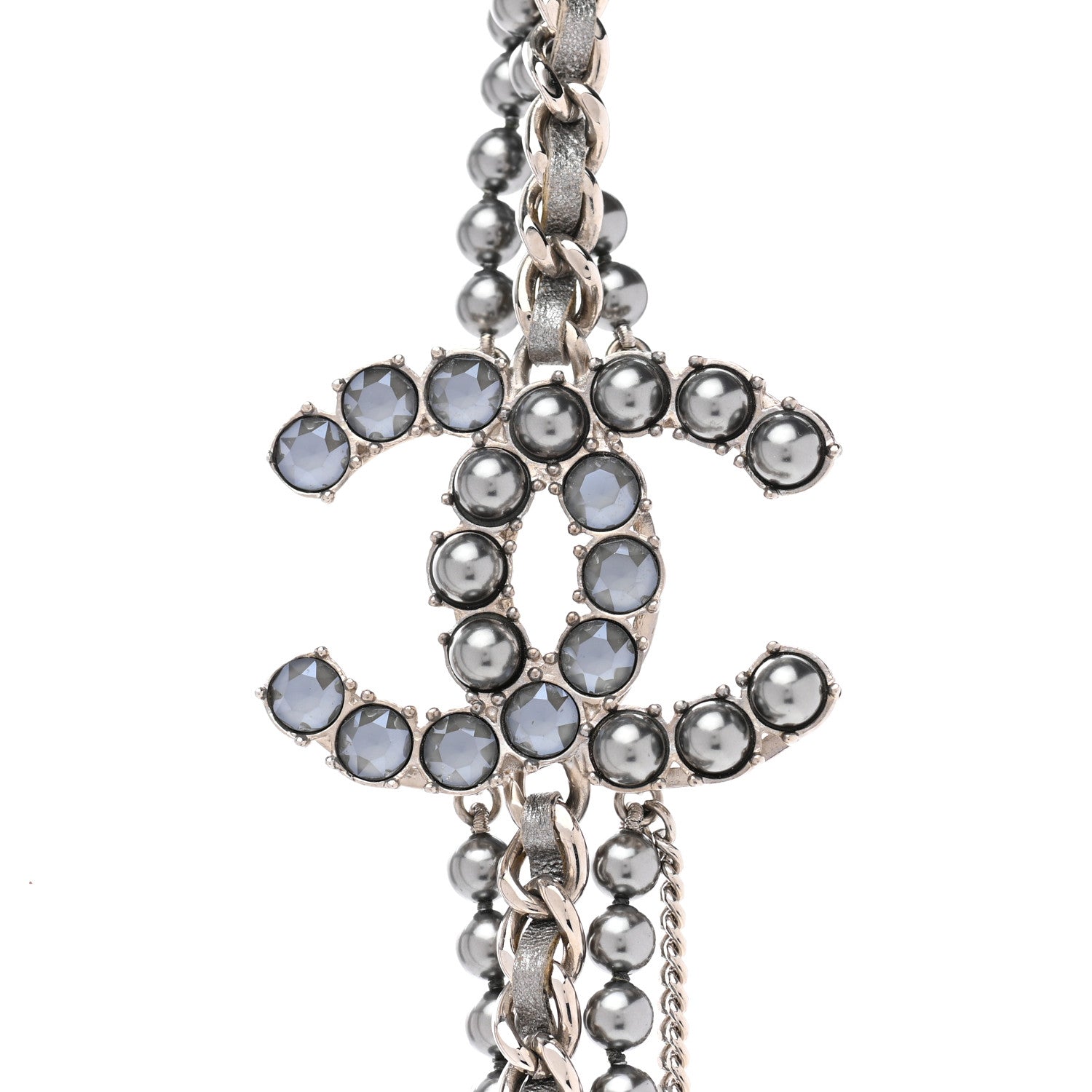 Chanel Crystal Pearl Lambskin CC Multi Strand Necklace Grey Silver 4 of 7