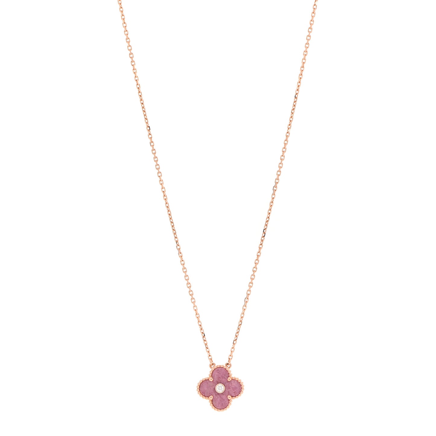 18K Rose Gold Diamond Rhodonite Vintage Alhambra Pendant Necklace