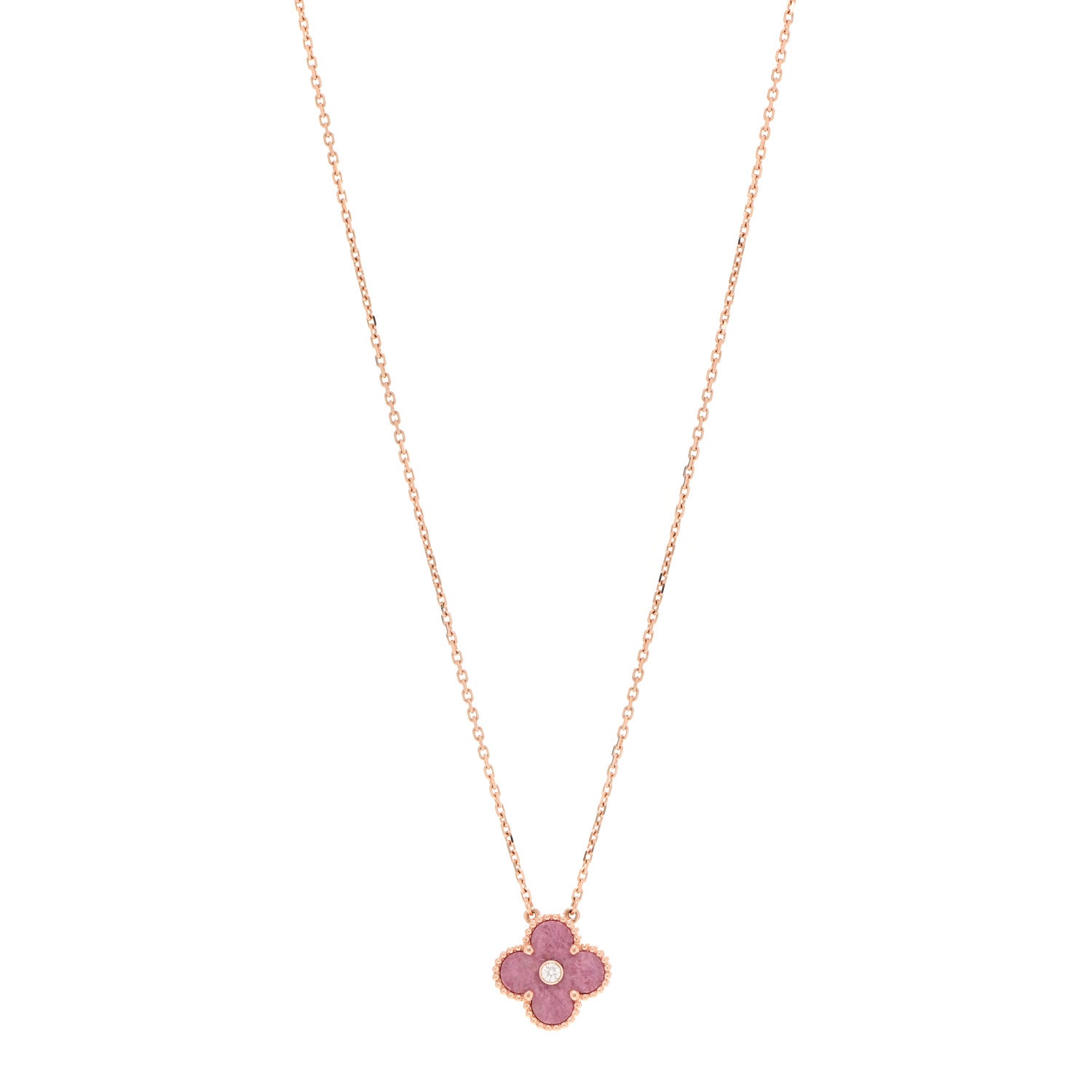 Van Cleef & Arpels 18K Rose Gold Diamond Rhodonite Vintage Alhambra Pendant Necklace 1 of 7