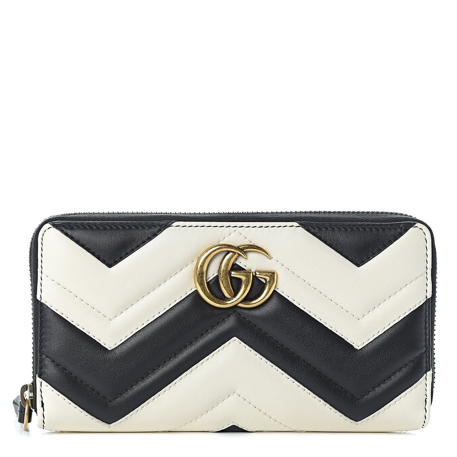 Gucci Calfskin Matelasse GG Marmont Zip Around Wallet Black White 1 of 7