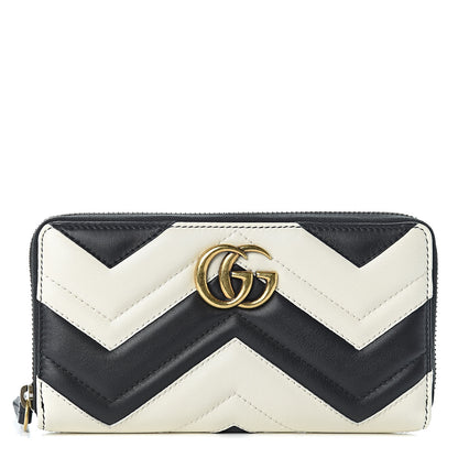 Gucci Calfskin Matelasse GG Marmont Zip Around Wallet Black White 1 of 7
