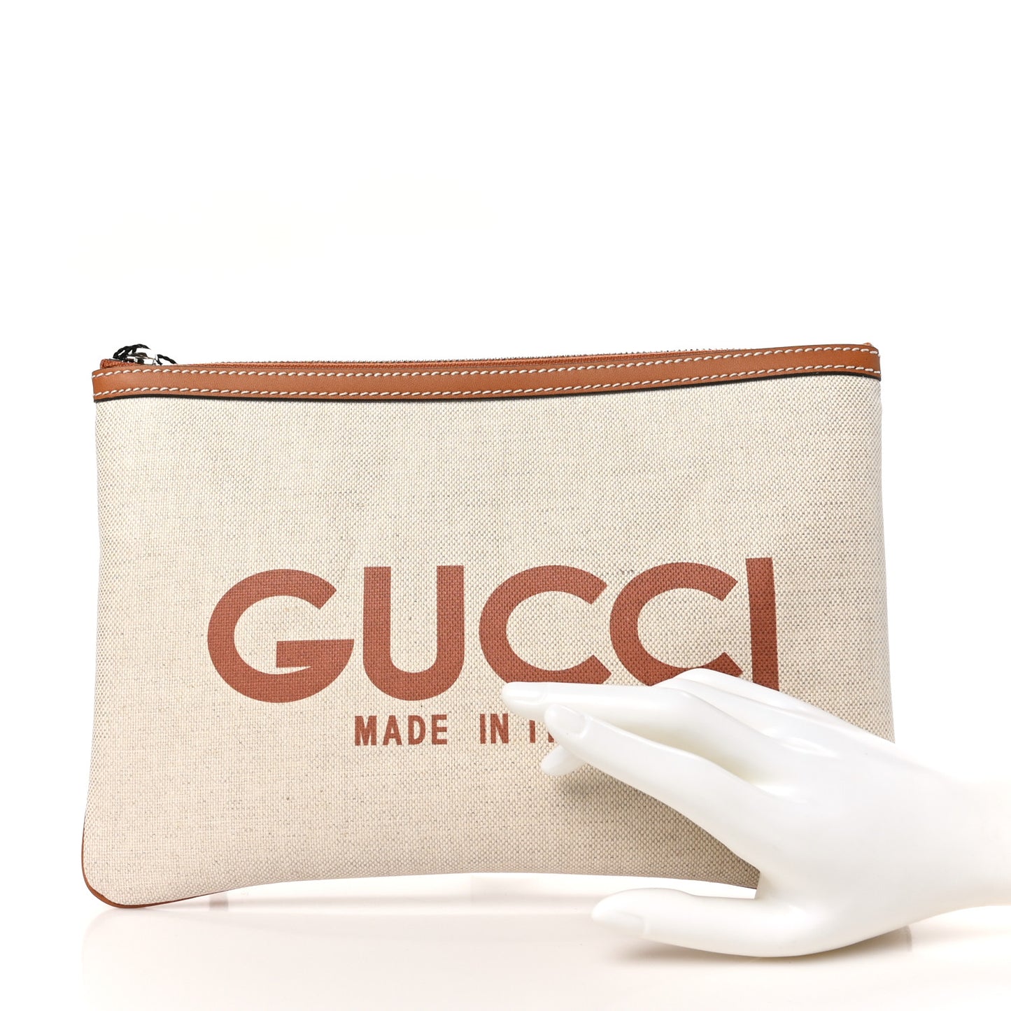 Canvas Calfskin Logo Print Zip Wristlet Pouch Beige Brown