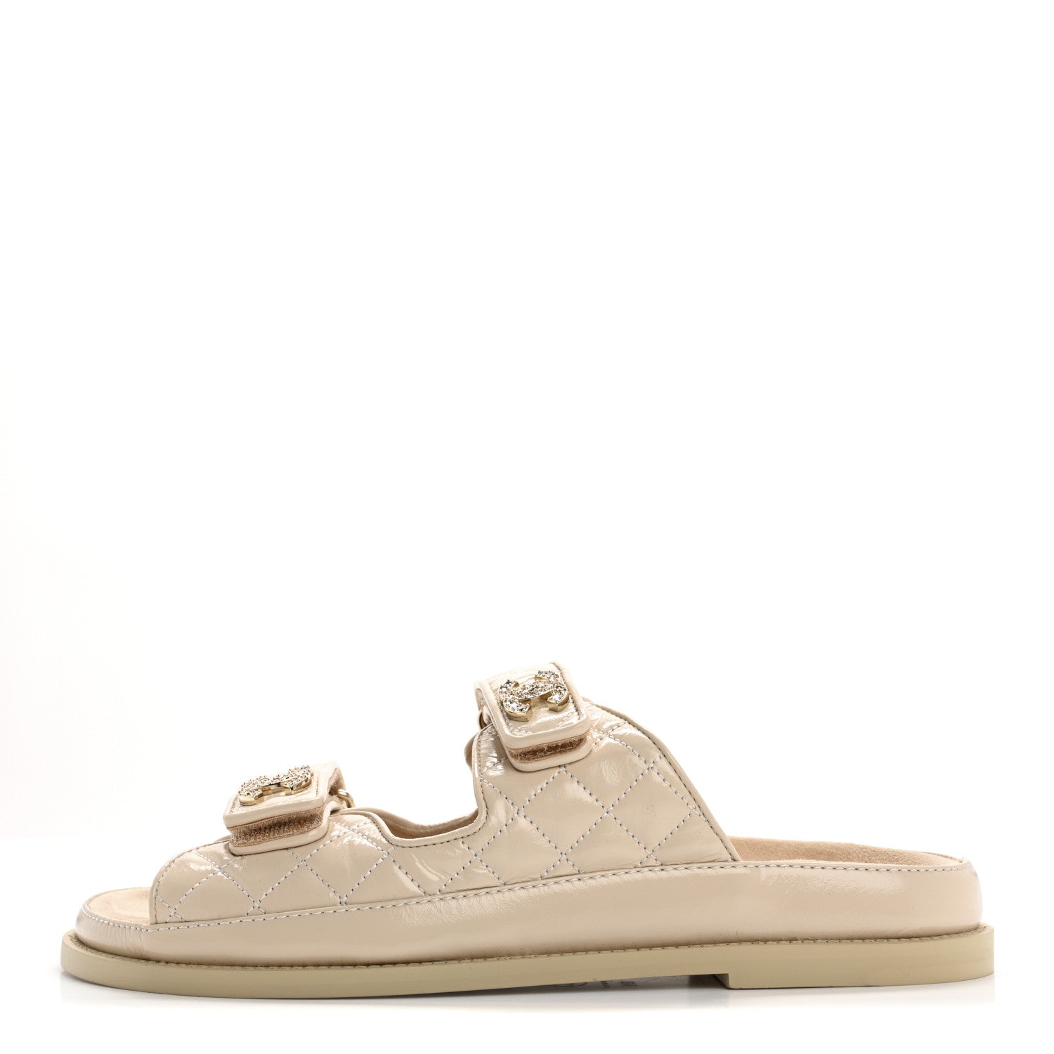 Chanel Shiny Calfskin Quilted Velcro Dad Crystal CC Slide Sandals 39.5 Beige 1 of 9
