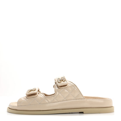 Chanel Shiny Calfskin Quilted Velcro Dad Crystal CC Slide Sandals 39.5 Beige 1 of 9