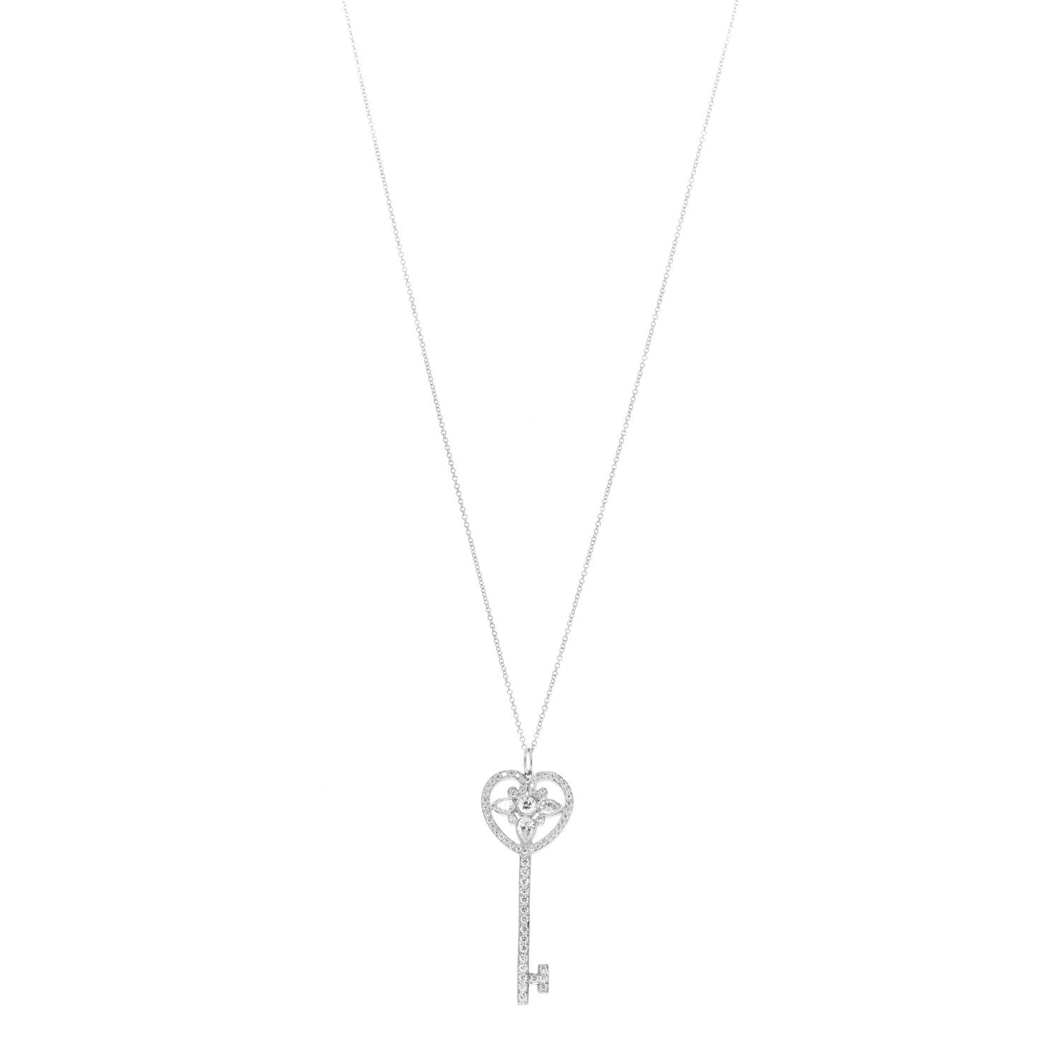 Tiffany Platinum Diamond Ornate Heart Key Pendant Necklace 1 of 7