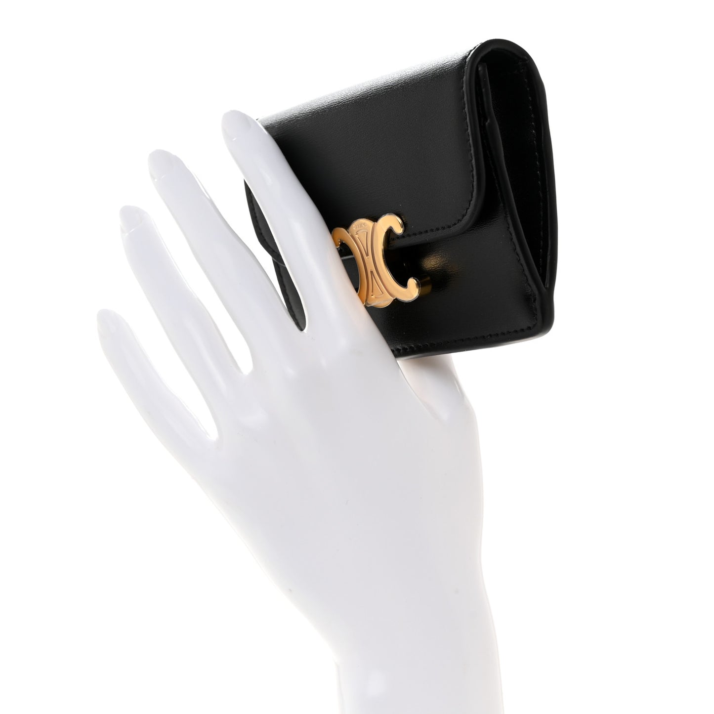 Shiny Calfskin Triomphe Flap Card Holder Black
