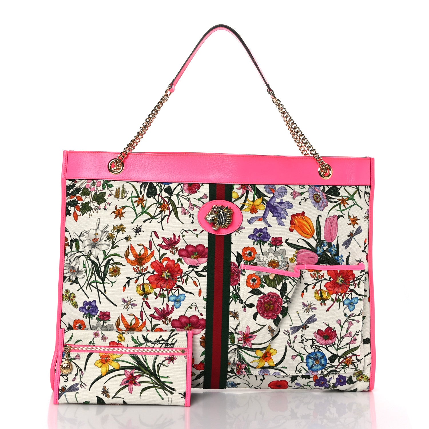 Gucci Canvas Flora Large Rajah Chain Tote White Multicolor Fuxia Fluo 3 of 10