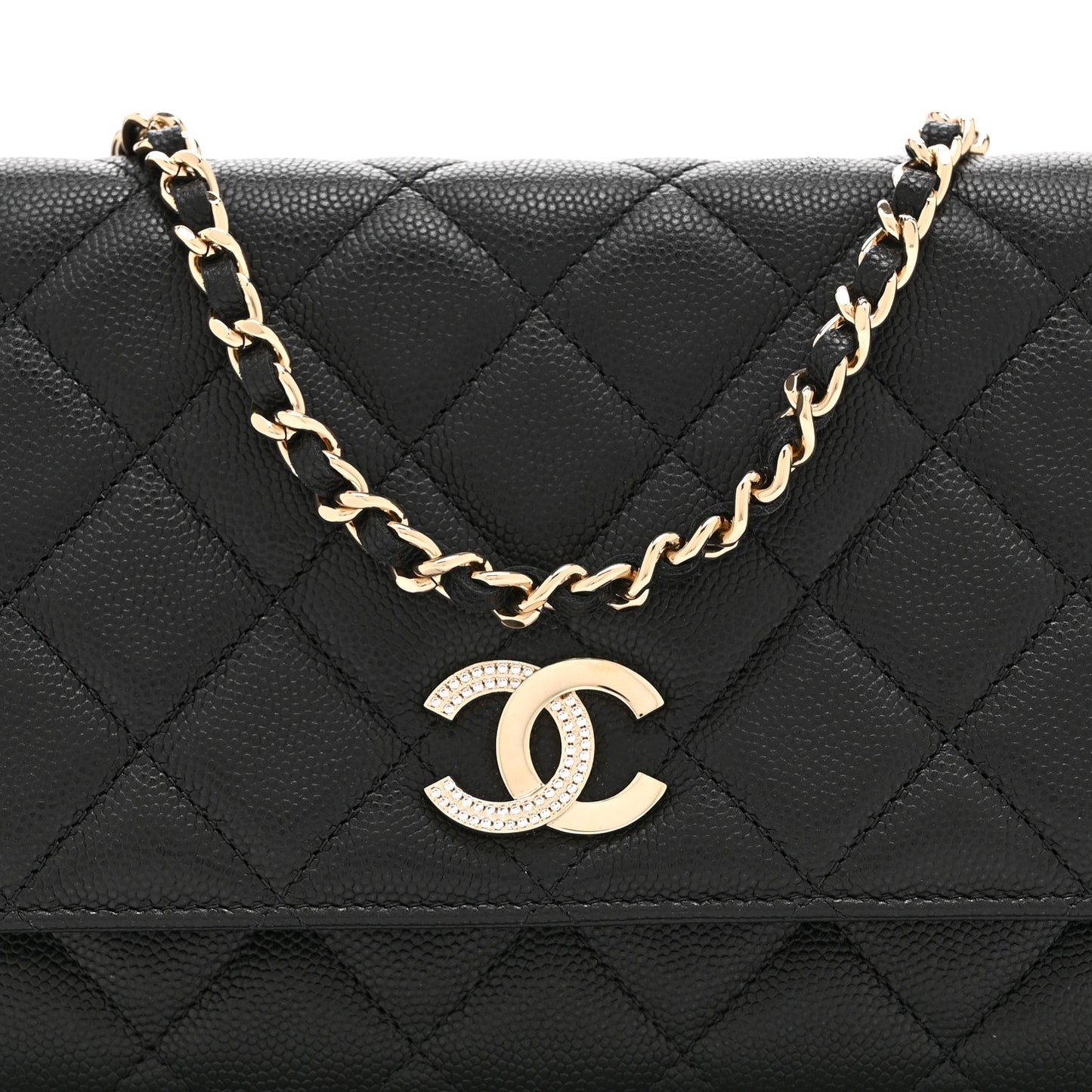 Caviar Quilted Crystal CC Wallet On Chain WOC Black