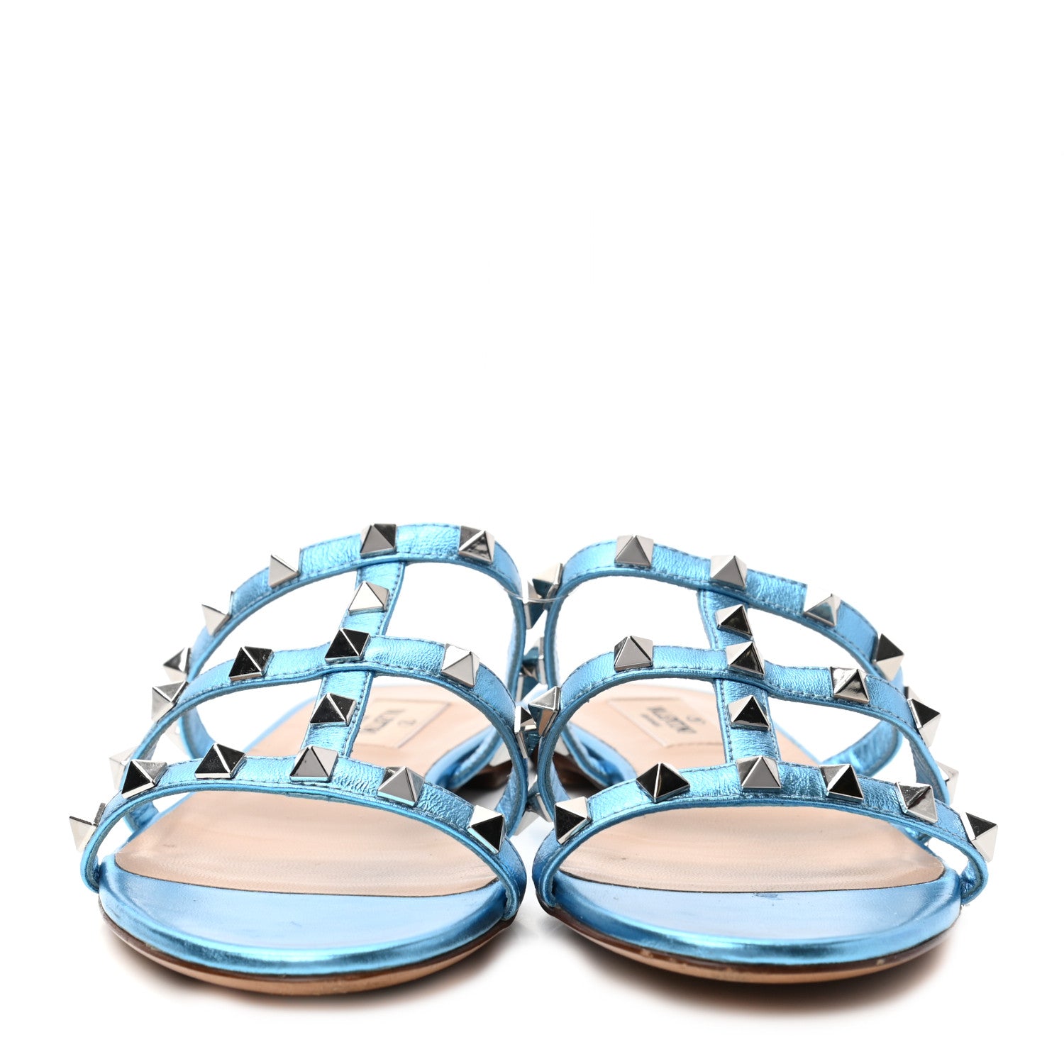 Valentino Garavani Metallic Calfskin Rockstud Caged Flat Slide Sandals 36 Cerulean 2 of 9