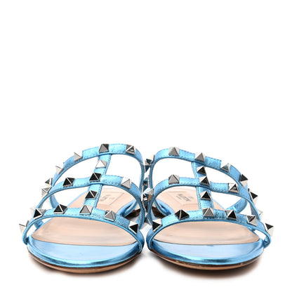 Valentino Garavani Metallic Calfskin Rockstud Caged Flat Slide Sandals 36 Cerulean 2 of 9