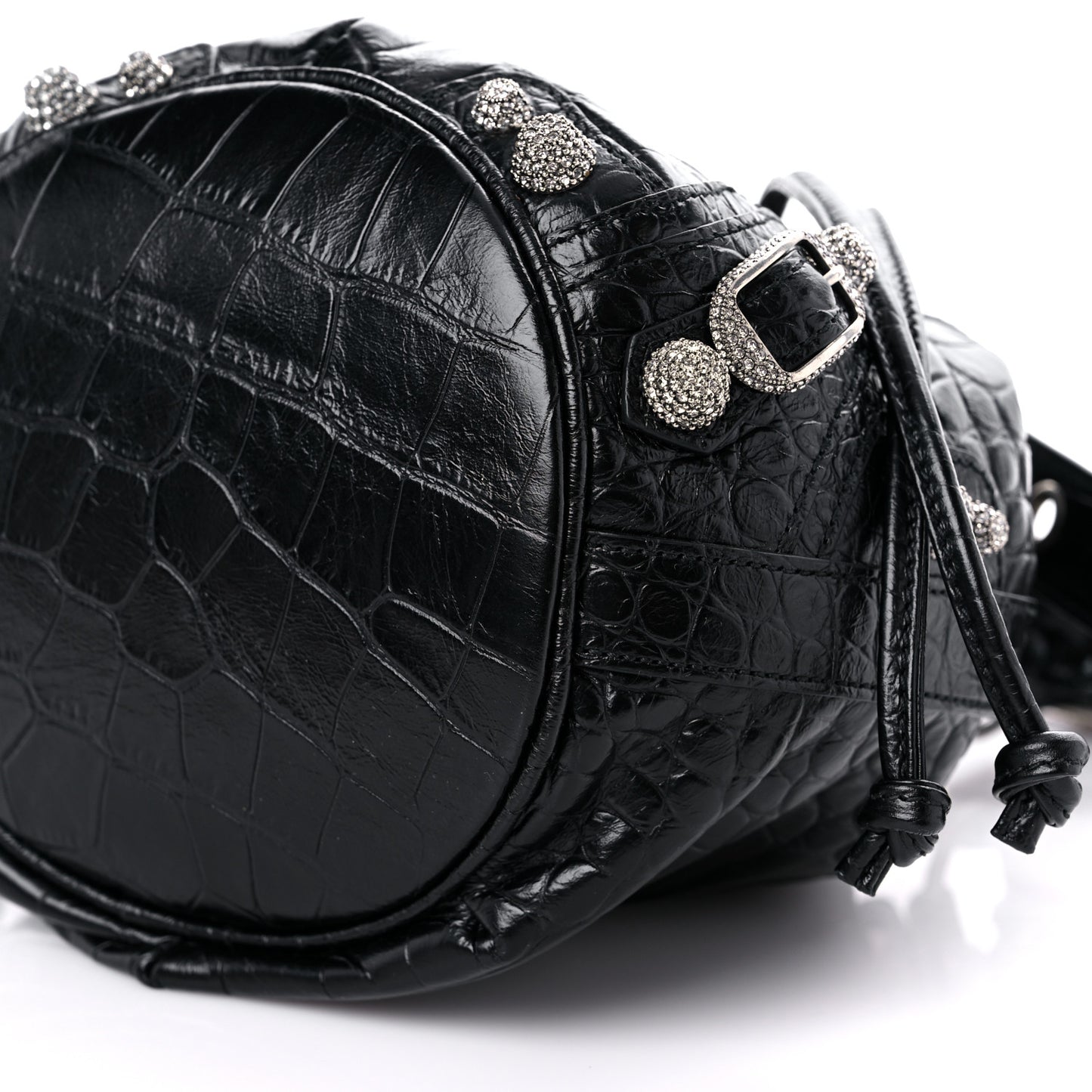 Extra Supple Calfskin Crystal Crocodile Embossed Le Cagole Bucket Bag XS Black