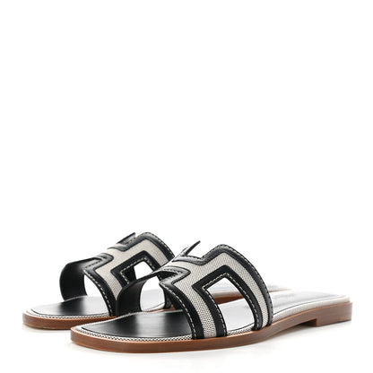 Hermes Calfskin Canvas Oran Sandals 36 Black 3 of 8