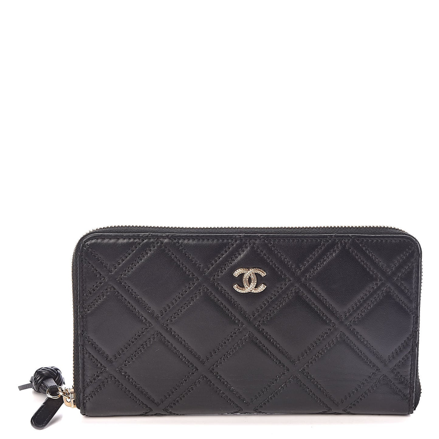 Lambskin Diamond Stitched Large Zip Around Organizer Wallet Black