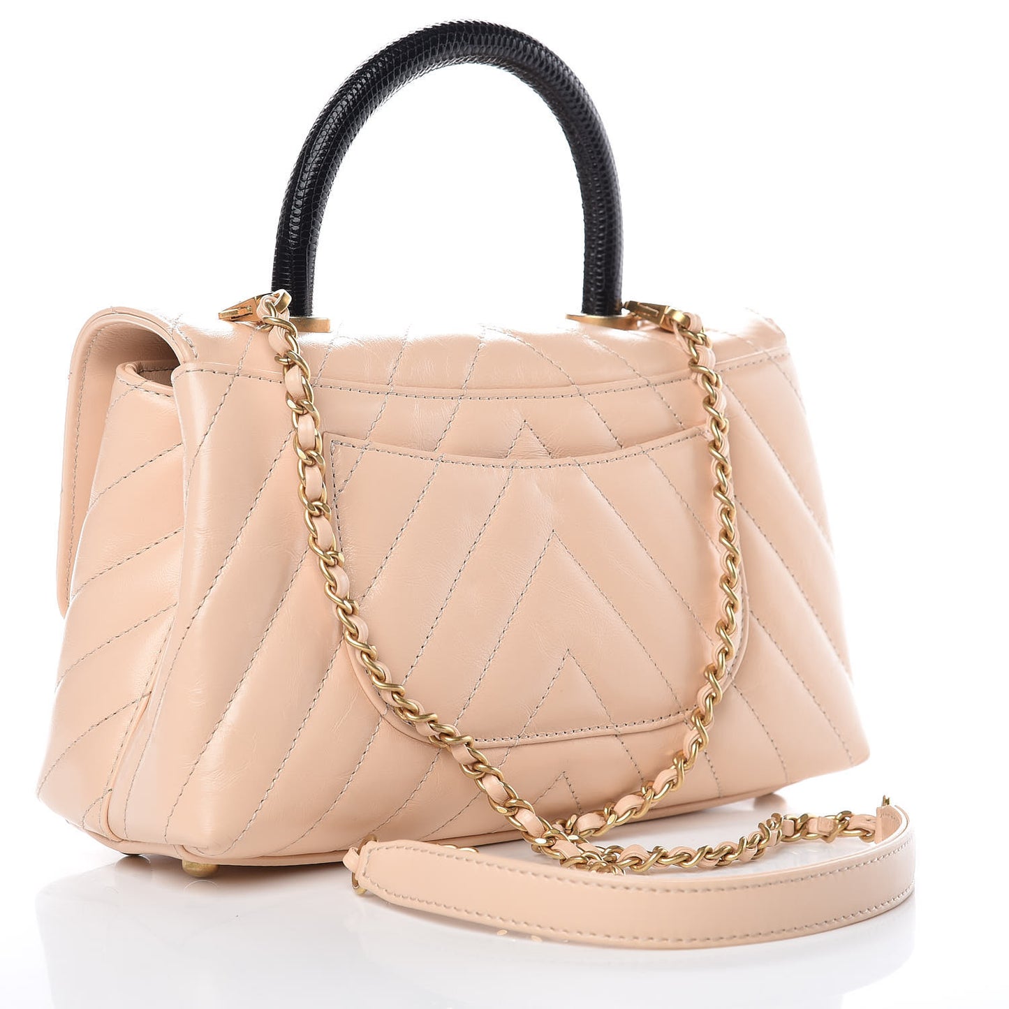 Calfskin Lizard Chevron Quilted Mini Coco Handle Flap Beige