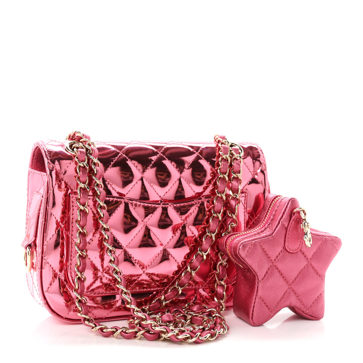 Mirror Calfskin Metallic Lambskin Quilted Hollywood Boulevard Mini Flap With Star Coin Purse Pink