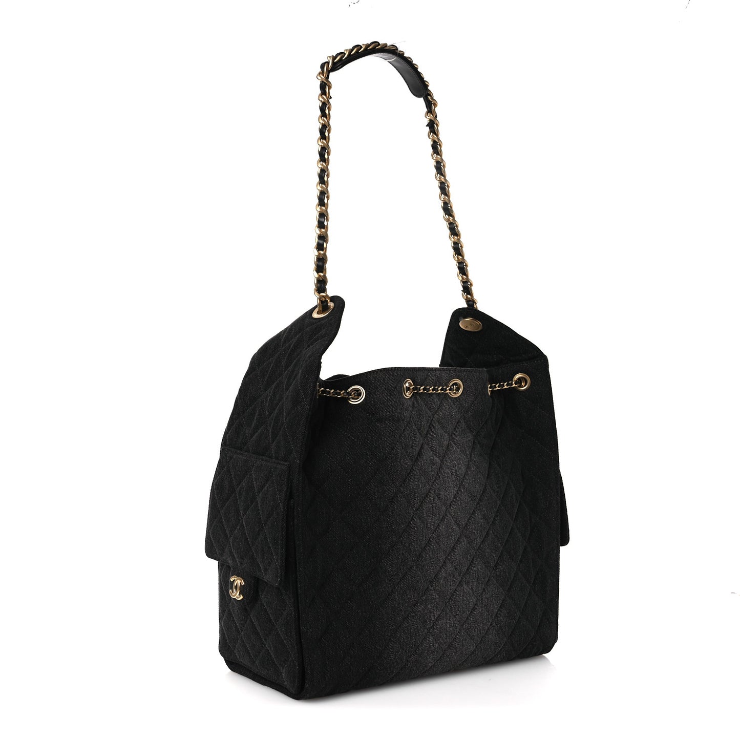 Washed Denim Quilted Medium Chanel 25 Handbag Black